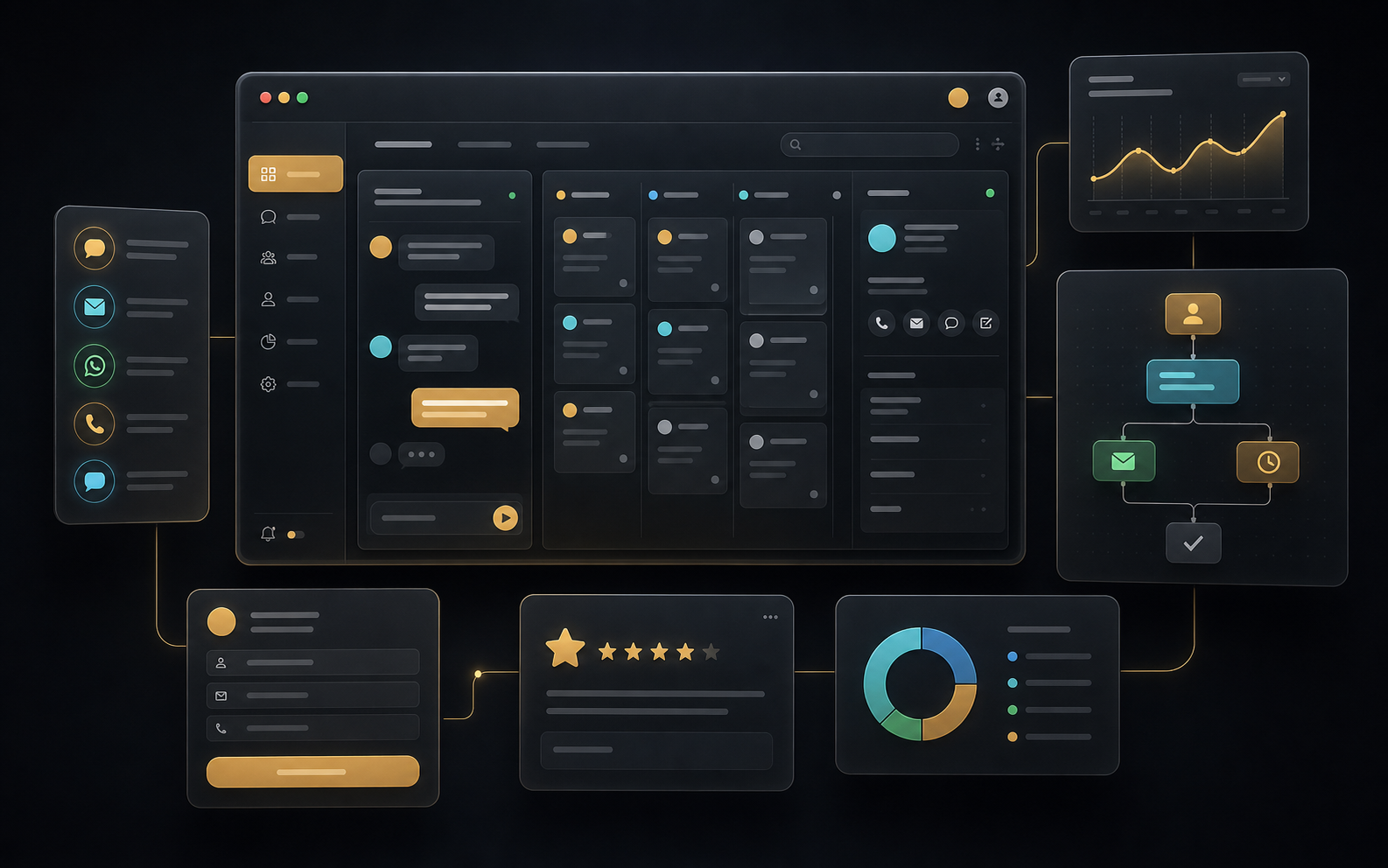 A dark Keystone Customer Desk dashboard showing chat, CRM, channels, automation, reviews, and insights panels.