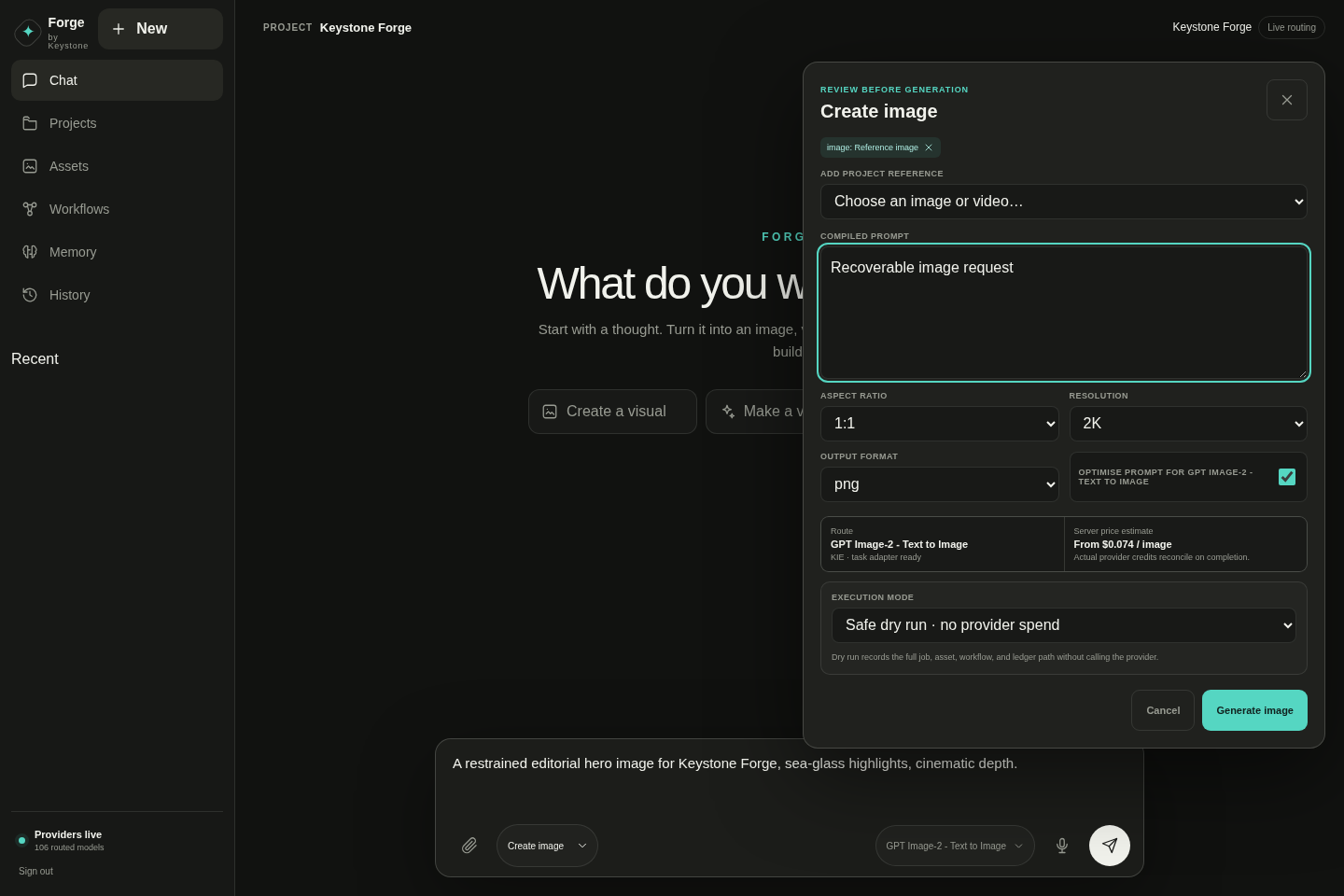 Actual Keystone Forge image-generation review showing project references, prompt, format, price estimate and execution mode