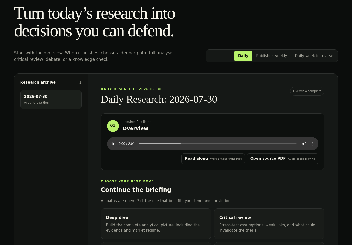Actual Keystone Research Lab showing its archive, daily research lesson, audio overview and source document controls
